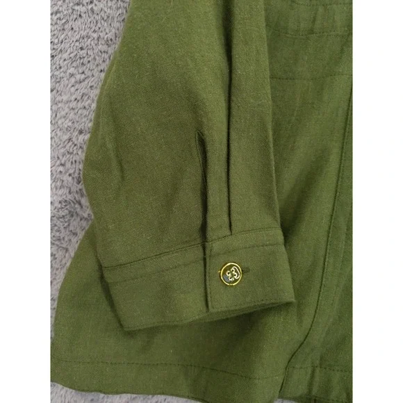 Susan Graver Pure Olive Green Linen Blend Mandarin Collar Button Up Shirt Top XL - Picture 4 of 10